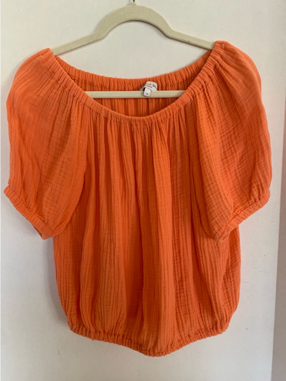 Women’s Orange Peasant Blouse - Lightweight Gathered Off-Shoulder Top